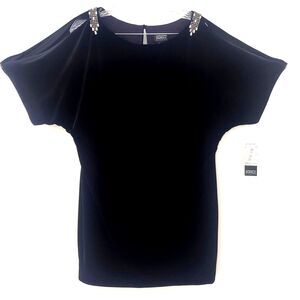 Adrianna Papell Evening Dress Size 8 Velvet Black Mini Slit Sleeve Rhinestones